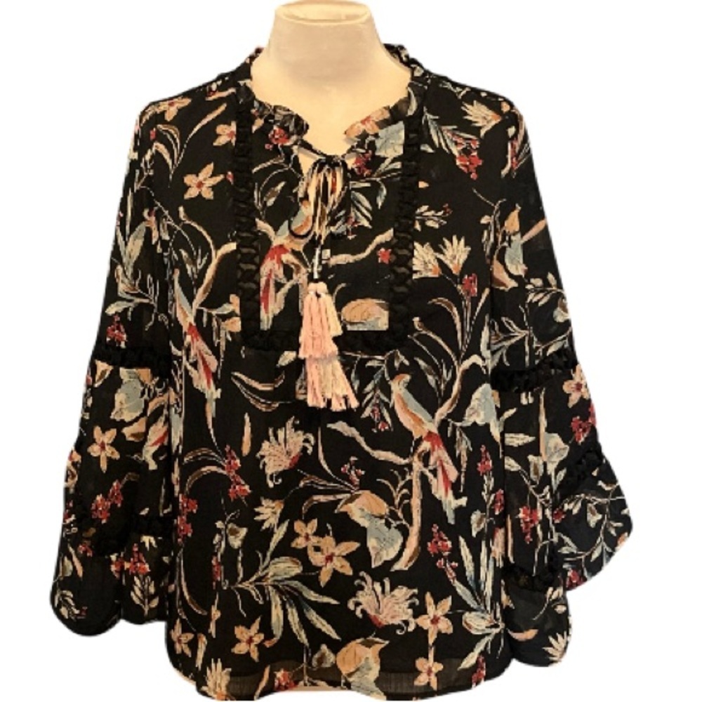 Maeve by‎ Anthroplogie Patterned Bell Sleeve Blouse w/ Crochet Details & Tassels